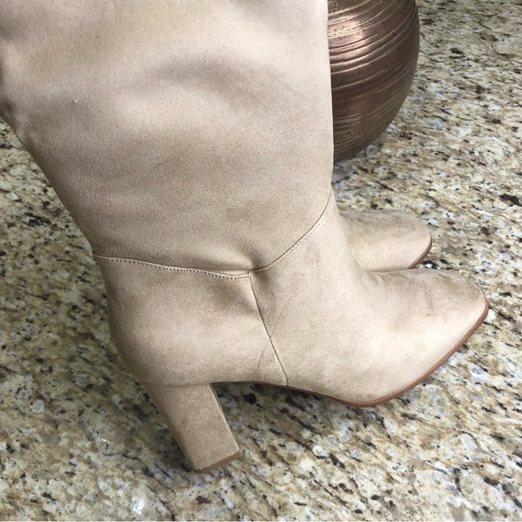 Express Slouchy Knee High Block Heel Tan Taupe Suede Boots 10 - Picture 5 of 14